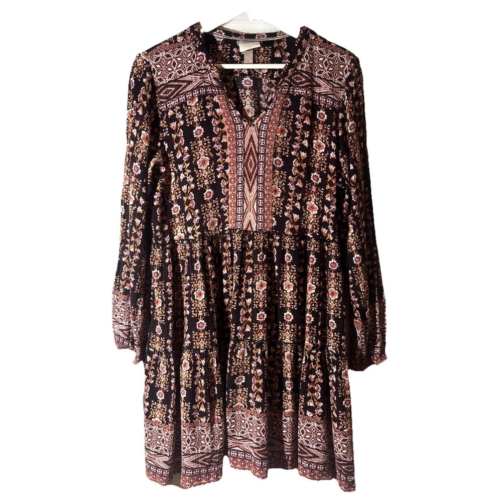 Knox Rose Dress Women's Burgundy Floral Boho Tiered Long Sleeve Mini Excellent L